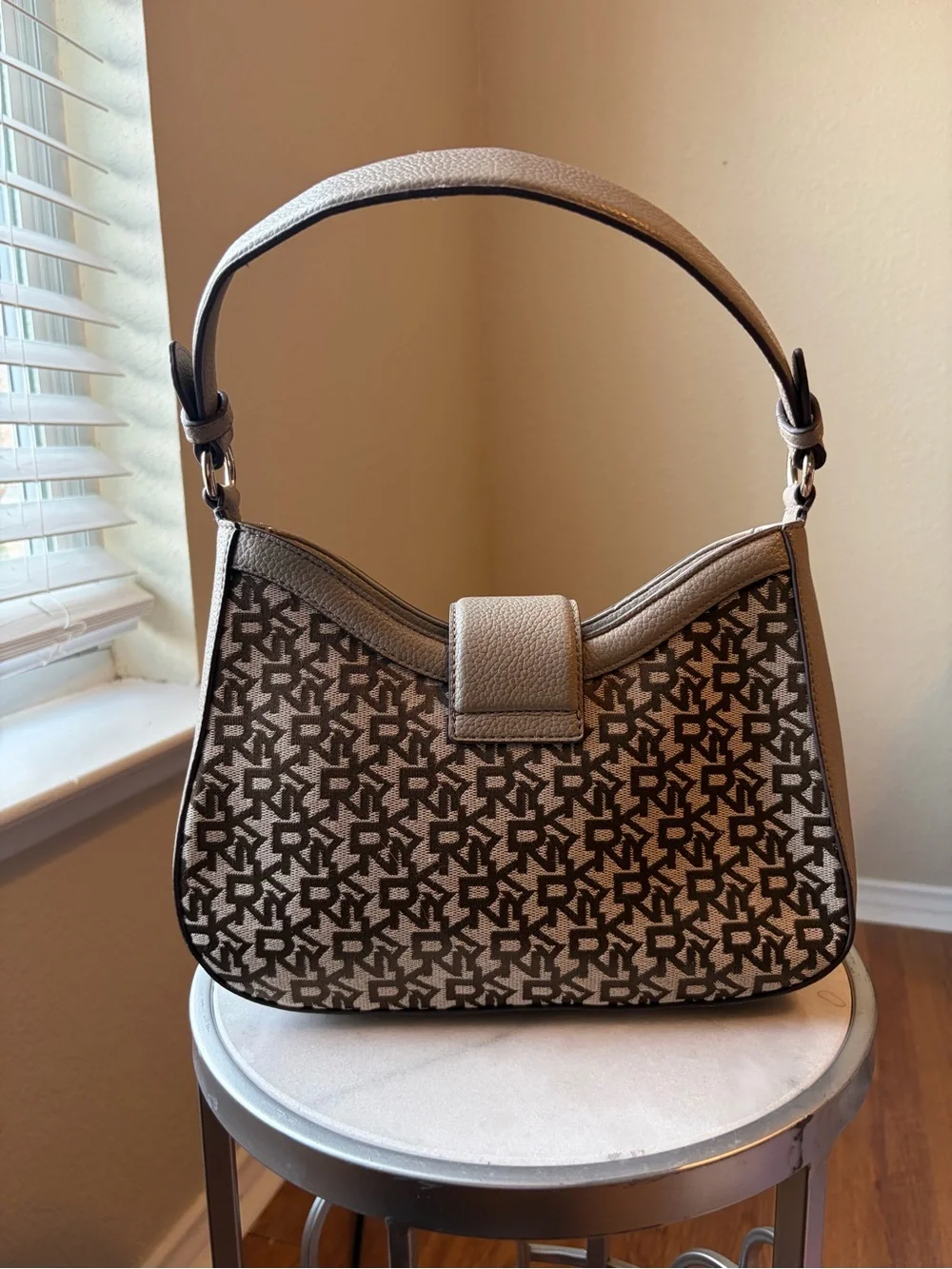 DKNY Taupe Monogram Logo Shoulder Bag